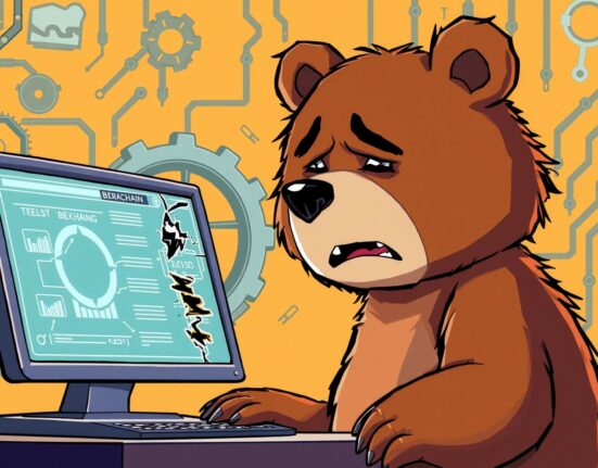 A cartoon bear representing Berachain stands near a broken DeFi exchange, illustrating the urgent Berachain hack and network halt.