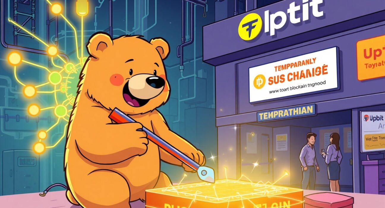 Cartoon bear performs a crucial Berachain hard fork upgrade, symbolizing Upbit's temporary halt of BERA transactions for network improvements.