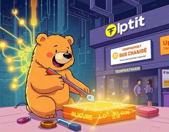 Cartoon bear performs a crucial Berachain hard fork upgrade, symbolizing Upbit's temporary halt of BERA transactions for network improvements.