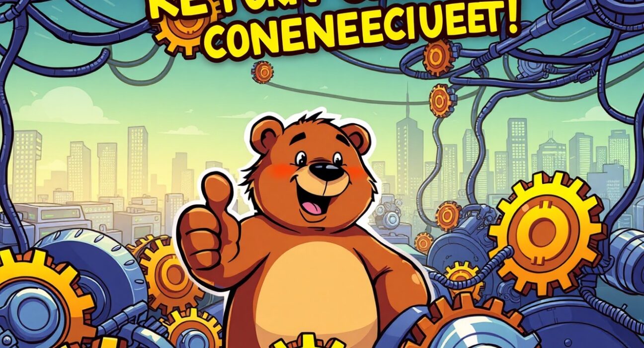 Cartoon bear overseeing the successful Berachain network restart after a security fix, symbolizing stability and recovery.