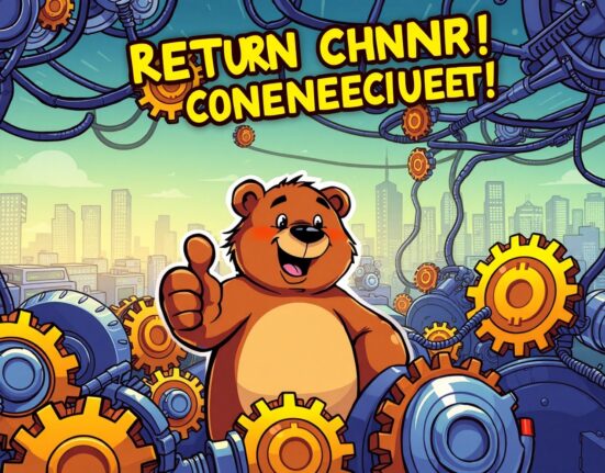 Cartoon bear overseeing the successful Berachain network restart after a security fix, symbolizing stability and recovery.
