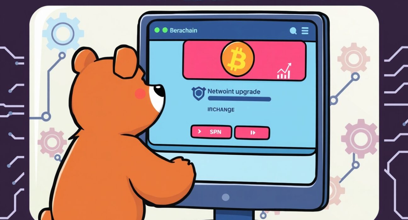 Cartoon illustration showing Upbit's temporary suspension of BERA services for the upcoming Berachain network upgrade, emphasizing user preparation.