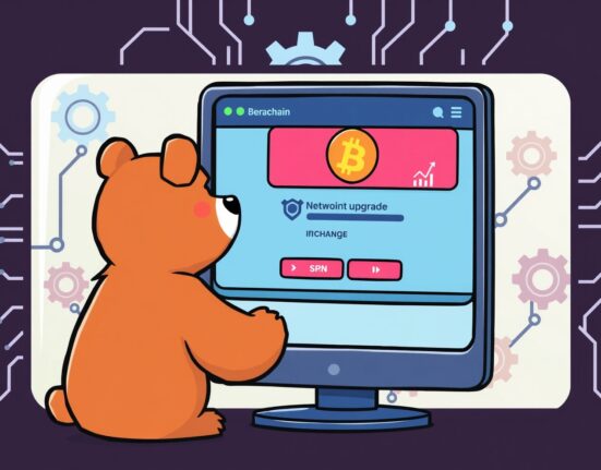 Cartoon illustration showing Upbit's temporary suspension of BERA services for the upcoming Berachain network upgrade, emphasizing user preparation.