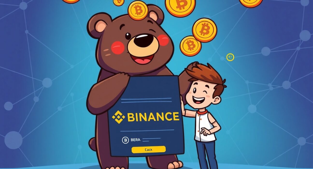 Cartoon showing easy Berachain staking on Binance, symbolizing enhanced user convenience and global liquidity for BERA holders.