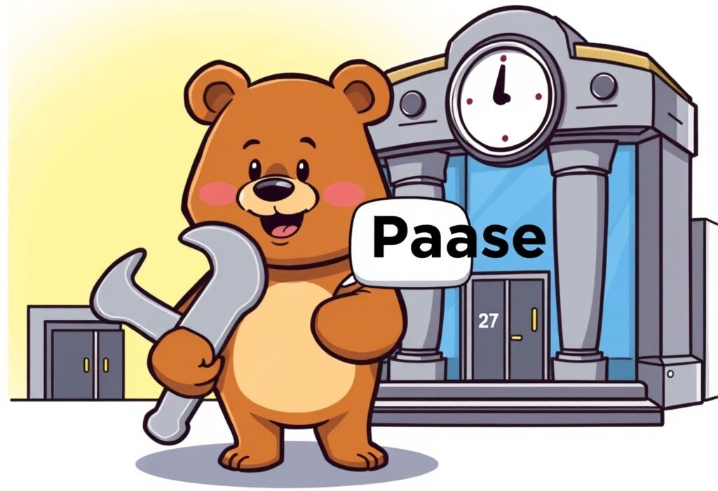 A cartoon illustration showing a digital bear pausing for a network upgrade, symbolizing the Berachain suspension by Upbit.