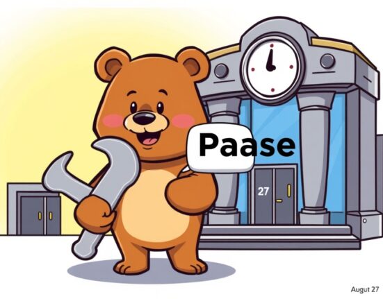 A cartoon illustration showing a digital bear pausing for a network upgrade, symbolizing the Berachain suspension by Upbit.