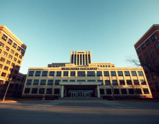 Berkshire Hathaway headquarters in Omaha, Nebraska, under a clear sky.