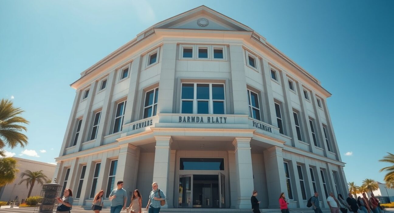 Government building in Bermuda with digital blockchain overlay representing new Stellar-based payment system.