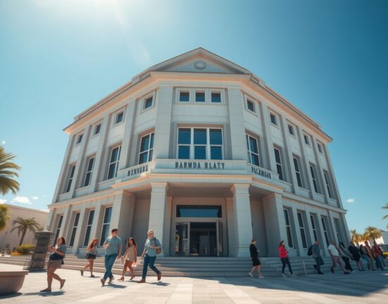Government building in Bermuda with digital blockchain overlay representing new Stellar-based payment system.