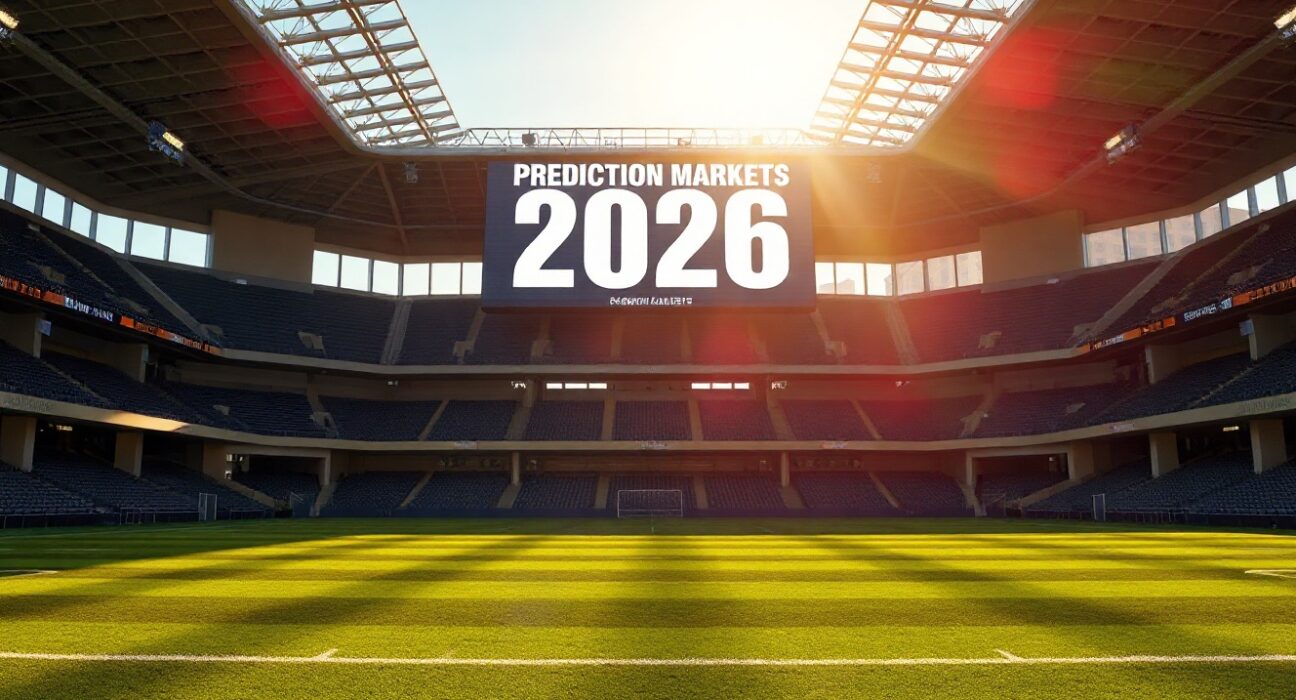 Empty stadium with digital scoreboard showing 2026 and prediction markets text