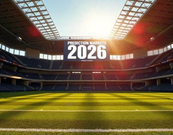 Empty stadium with digital scoreboard showing 2026 and prediction markets text
