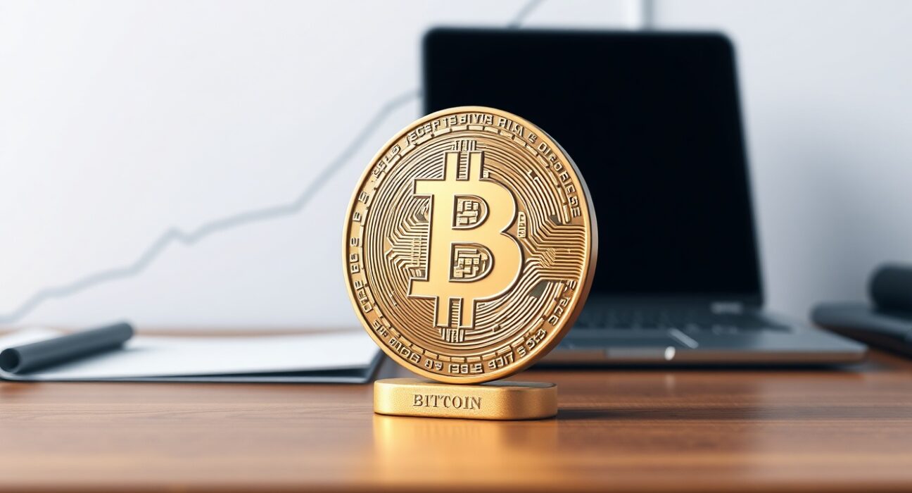 Bitcoin price forecast analysis showing coin on upward trend graph.