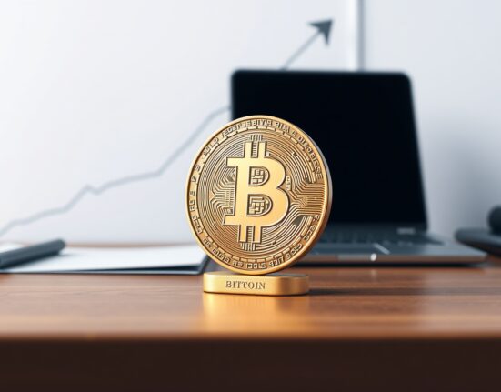 Bitcoin price forecast analysis showing coin on upward trend graph.