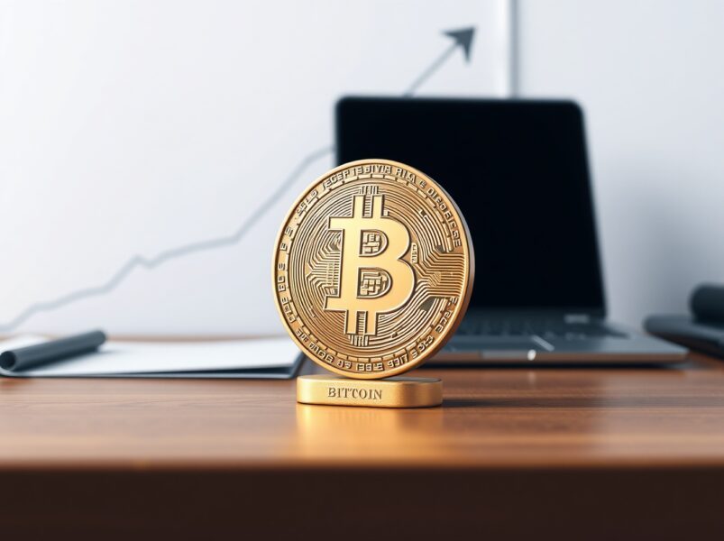 Bitcoin price forecast analysis showing coin on upward trend graph.