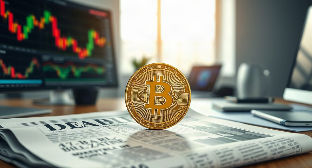 Bitcoin coin on a financial newspaper with stock charts in the background
