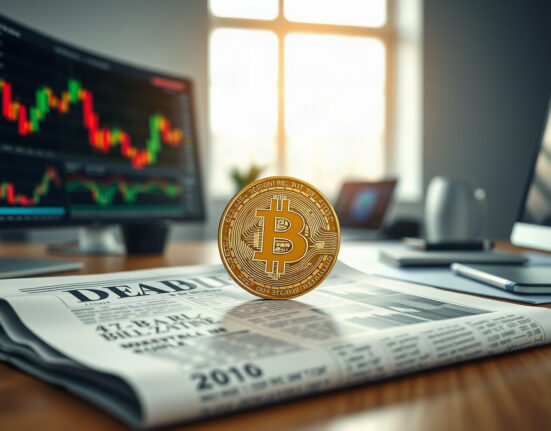 Bitcoin coin on a financial newspaper with stock charts in the background