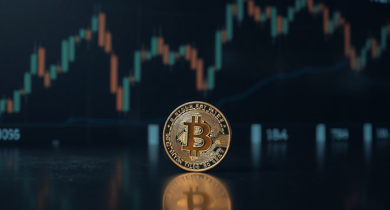 Bitcoin coin on reflective surface with blurred stock chart background, representing financial market stability.
