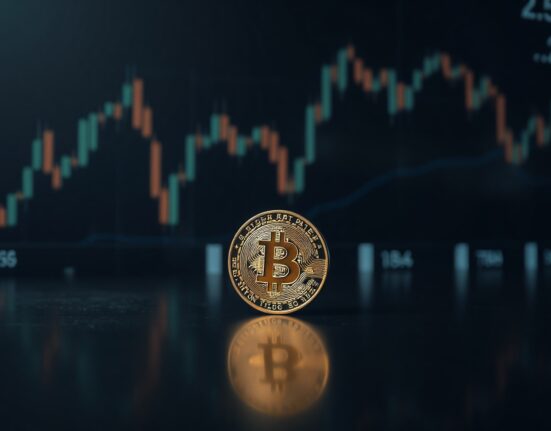 Bitcoin coin on reflective surface with blurred stock chart background, representing financial market stability.