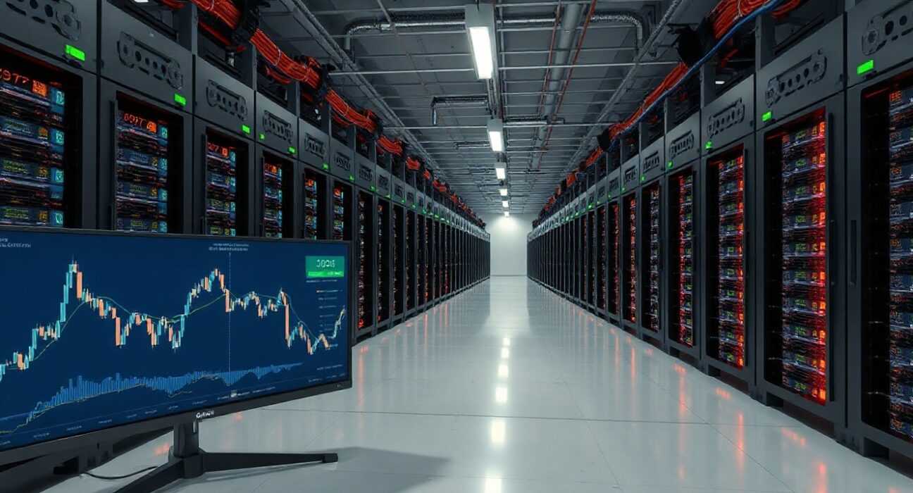 Bitcoin mining facility with server racks and LED lighting, representing Cipher Digital's operations