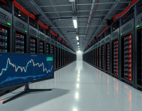 Bitcoin mining facility with server racks and LED lighting, representing Cipher Digital's operations