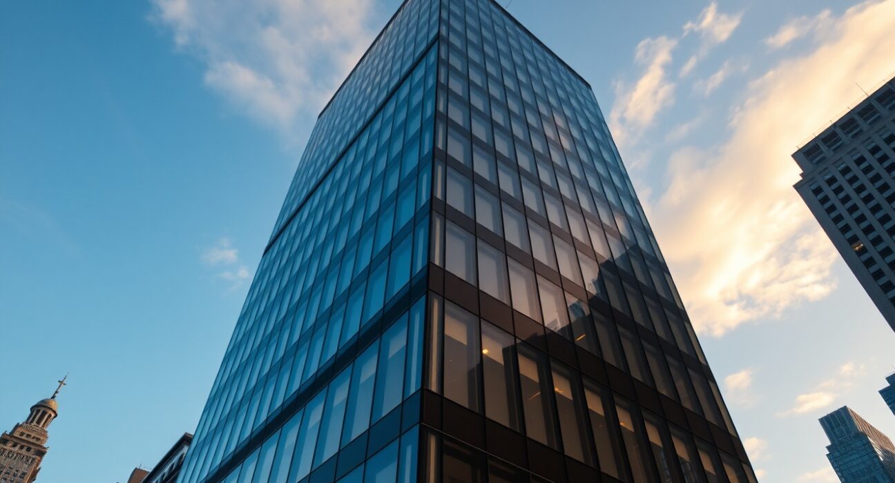 Exterior of a Wall Street investment bank building during late afternoon with clear sky