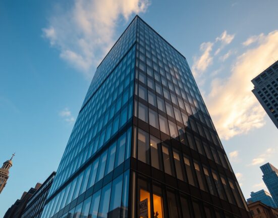Exterior of a Wall Street investment bank building during late afternoon with clear sky
