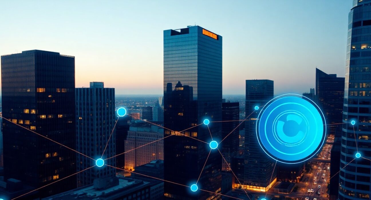 Financial district skyline at dusk with digital blockchain network overlay representing Circle's growth potential.