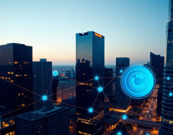 Financial district skyline at dusk with digital blockchain network overlay representing Circle's growth potential.