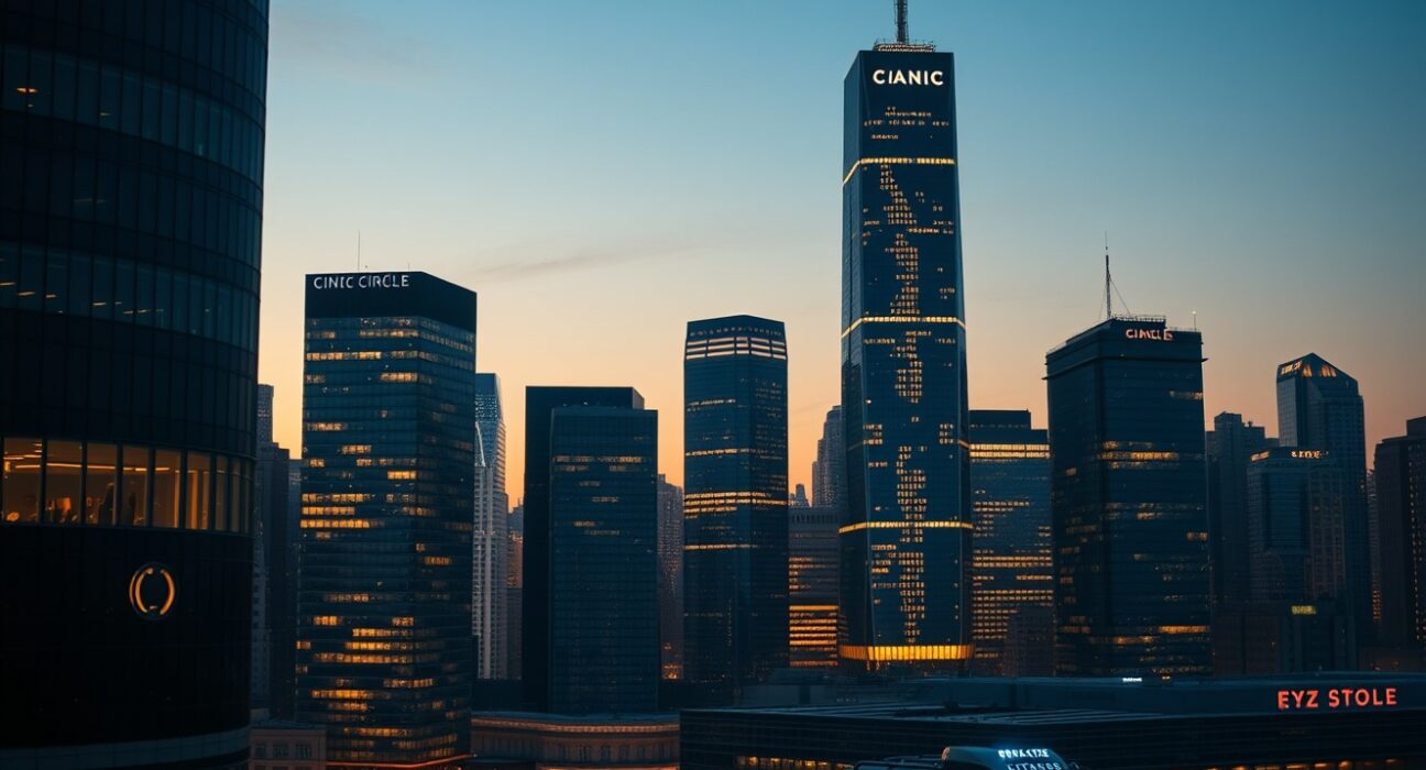Modern financial district skyline at dusk with digital overlay representing blockchain transactions