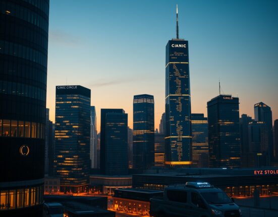Modern financial district skyline at dusk with digital overlay representing blockchain transactions