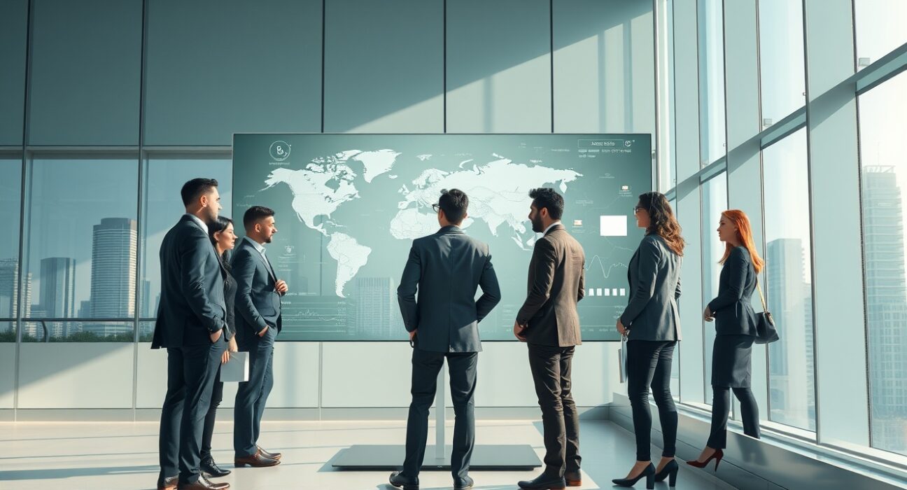 Financial analysts reviewing data visualizations for Circle and USDC stablecoin growth projections.