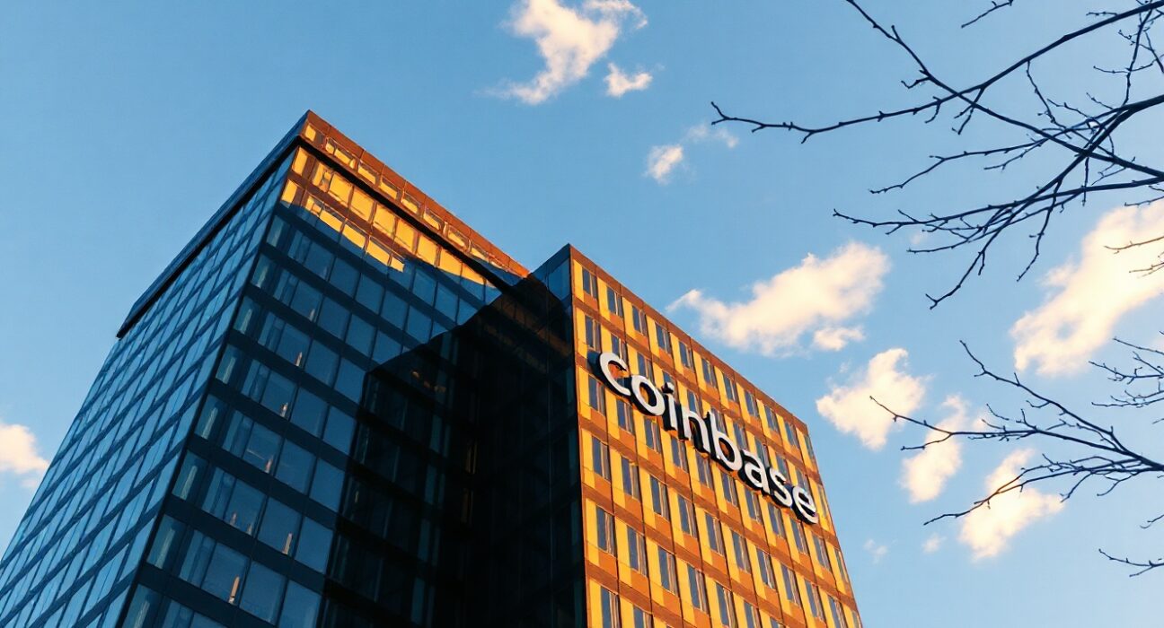 Exterior view of Coinbase headquarters in San Francisco under clear sky