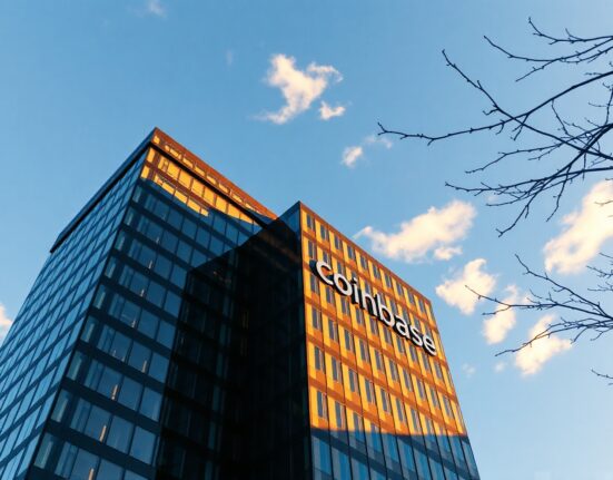 Exterior view of Coinbase headquarters in San Francisco under clear sky
