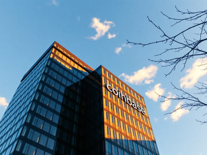 Exterior view of Coinbase headquarters in San Francisco under clear sky