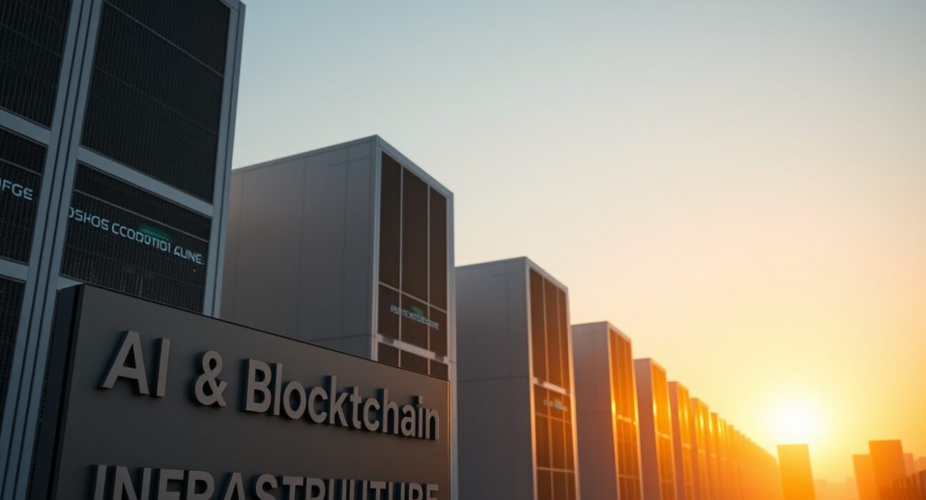 Modern data center campus at sunset with AI and blockchain infrastructure signage