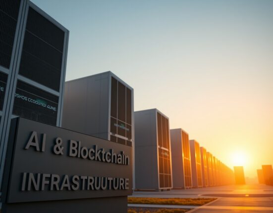 Modern data center campus at sunset with AI and blockchain infrastructure signage