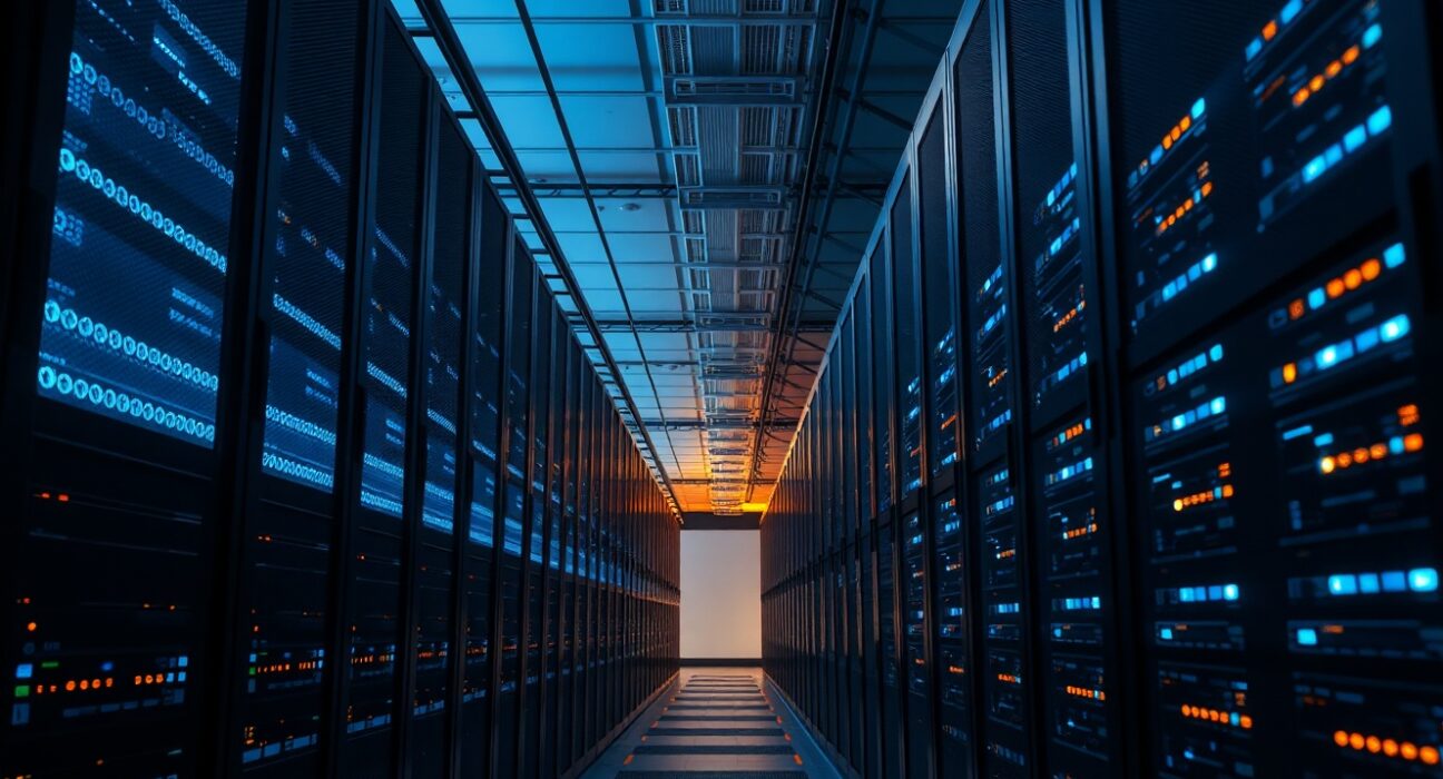 Interior of a modern data center with illuminated server racks, representing Iren's infrastructure growth after Nvidia partnership.