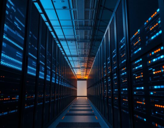 Interior of a modern data center with illuminated server racks, representing Iren's infrastructure growth after Nvidia partnership.
