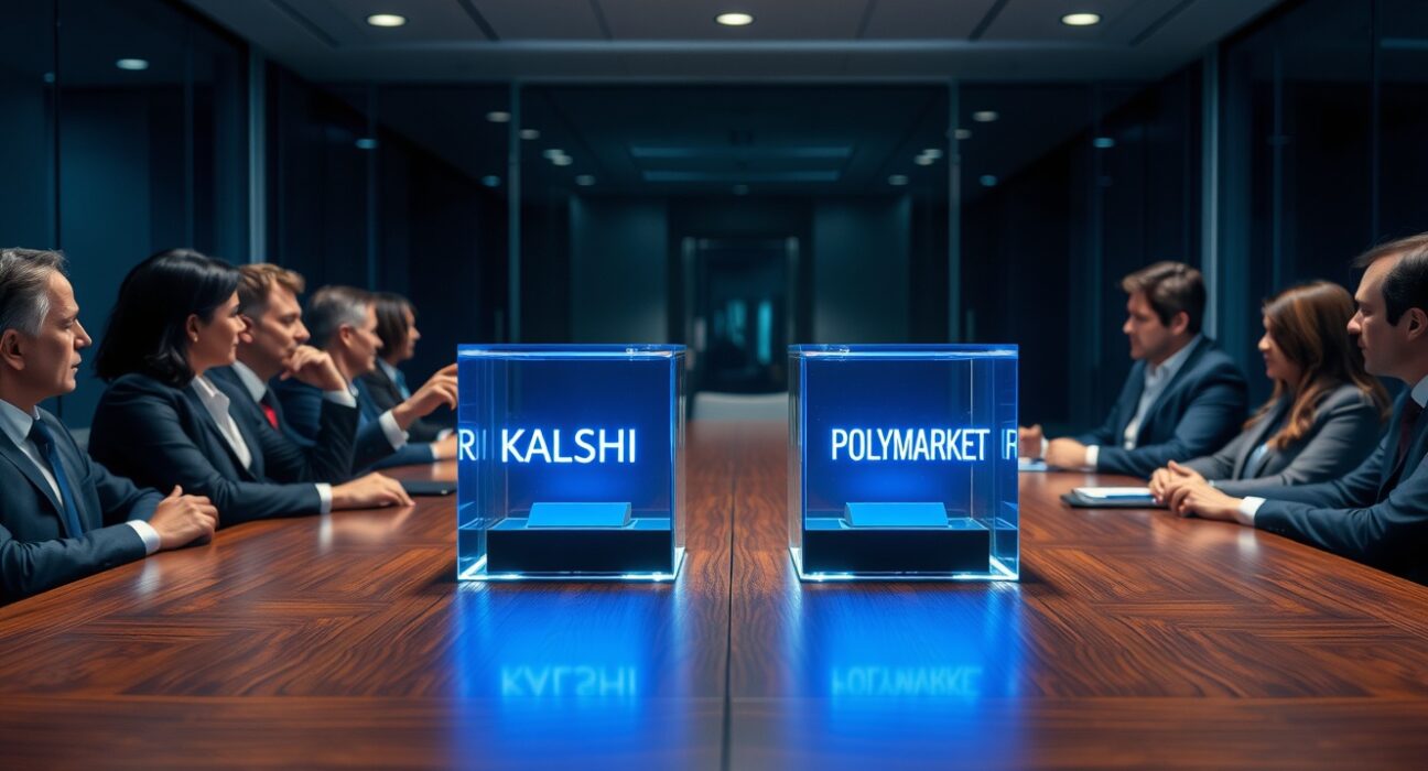 Corporate boardroom with business professionals discussing Kalshi and Polymarket acquisition potential