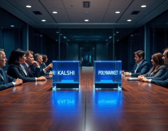 Corporate boardroom with business professionals discussing Kalshi and Polymarket acquisition potential