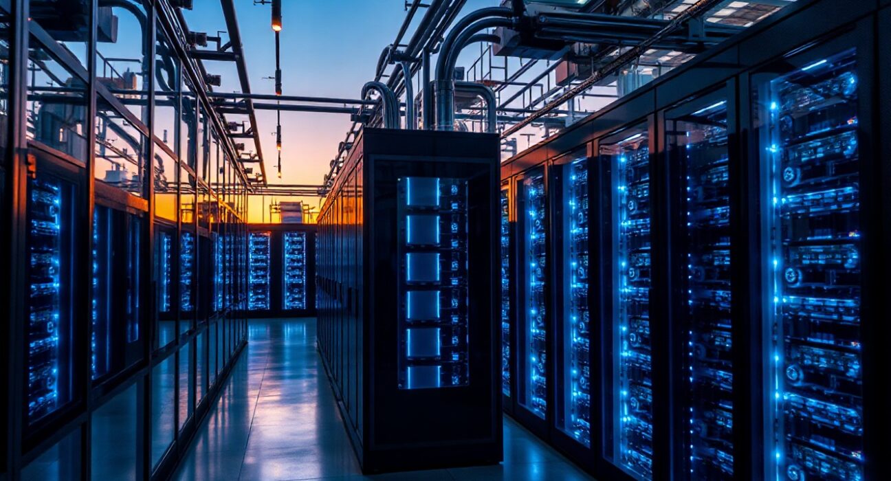 Aerial view of a modern cryptocurrency mining data center with high-performance computing servers at dusk.