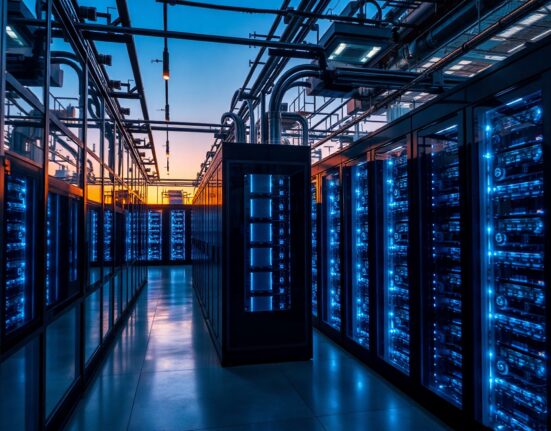 Aerial view of a modern cryptocurrency mining data center with high-performance computing servers at dusk.