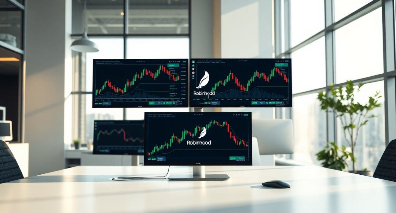 Trading monitors showing stock charts with Robinhood interface in a modern office