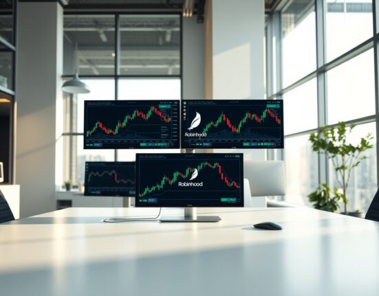Trading monitors showing stock charts with Robinhood interface in a modern office