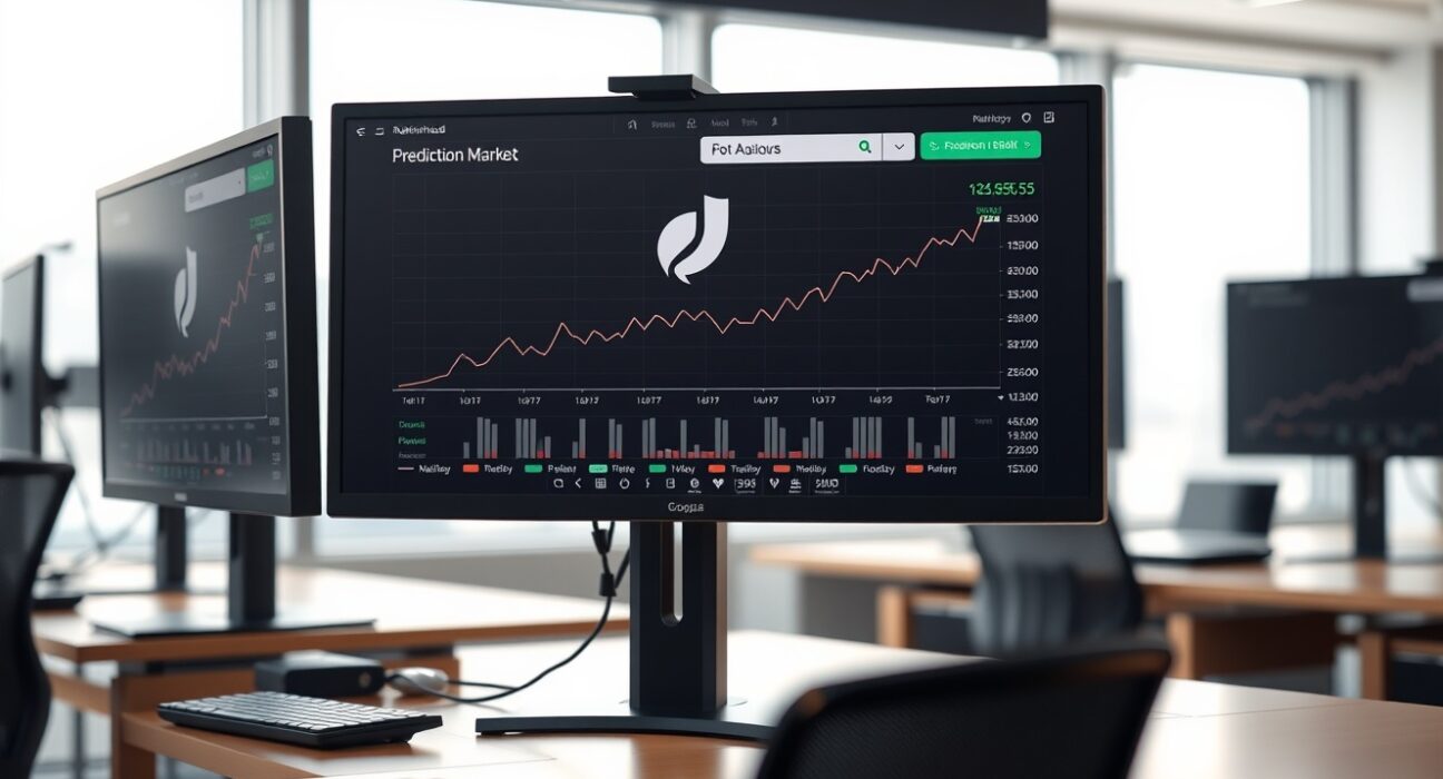 Trading monitors display Robinhood interface with prediction market and crypto charts in a professional office setting