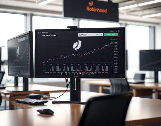 Trading monitors display Robinhood interface with prediction market and crypto charts in a professional office setting