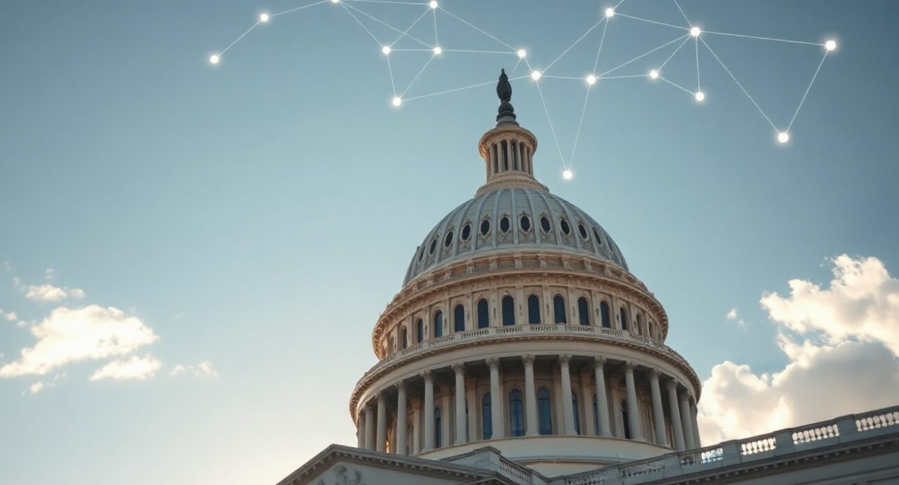 U.S. Capitol building with digital blockchain overlay representing cryptocurrency regulation