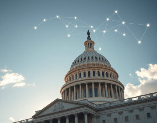 U.S. Capitol building with digital blockchain overlay representing cryptocurrency regulation