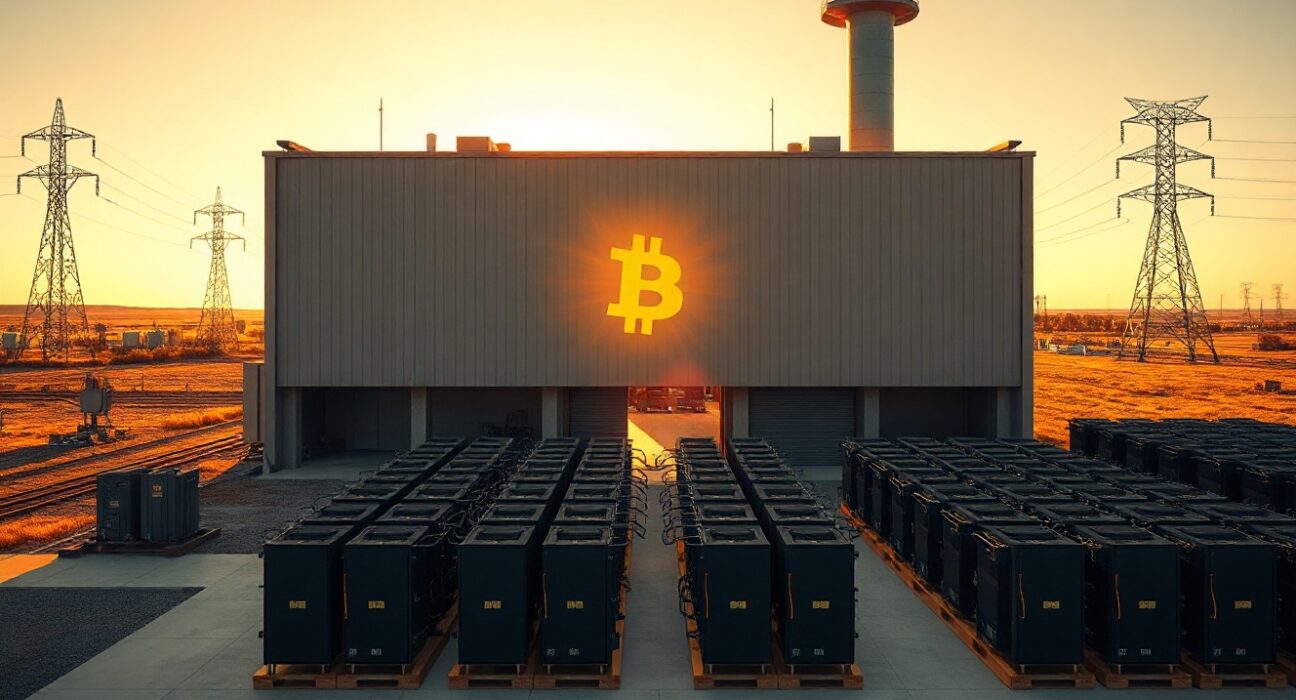 Aerial view of a Bitcoin mining facility in Texas with power infrastructure