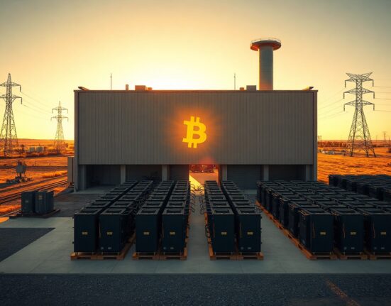 Aerial view of a Bitcoin mining facility in Texas with power infrastructure